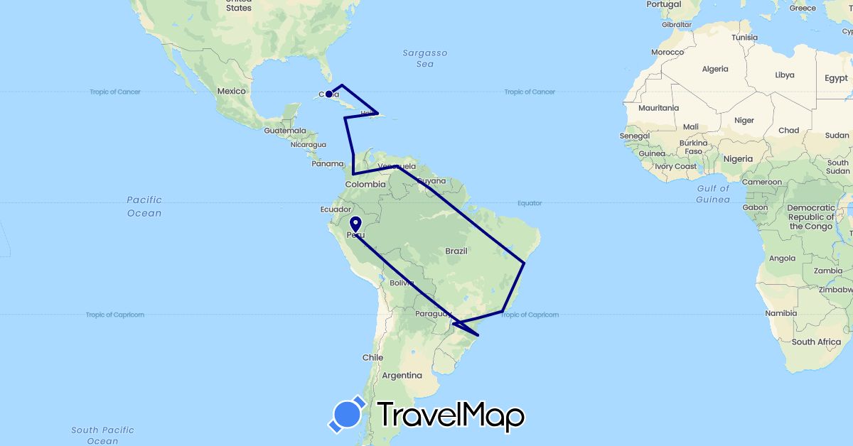 TravelMap itinerary: driving in Brazil, Bahamas, Colombia, Cuba, Dominican Republic, Guyana, Jamaica, Peru, Venezuela (North America, South America)